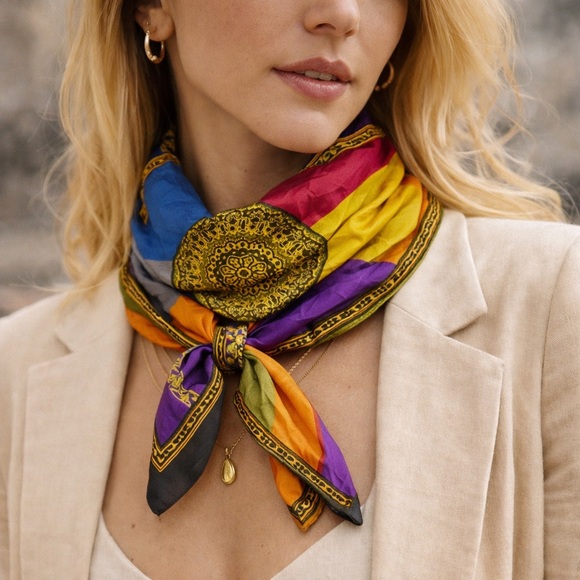 Handmade Accessories - Vintage Silk Mandala Colorblock Scarf | Multicolor | 17 x 17